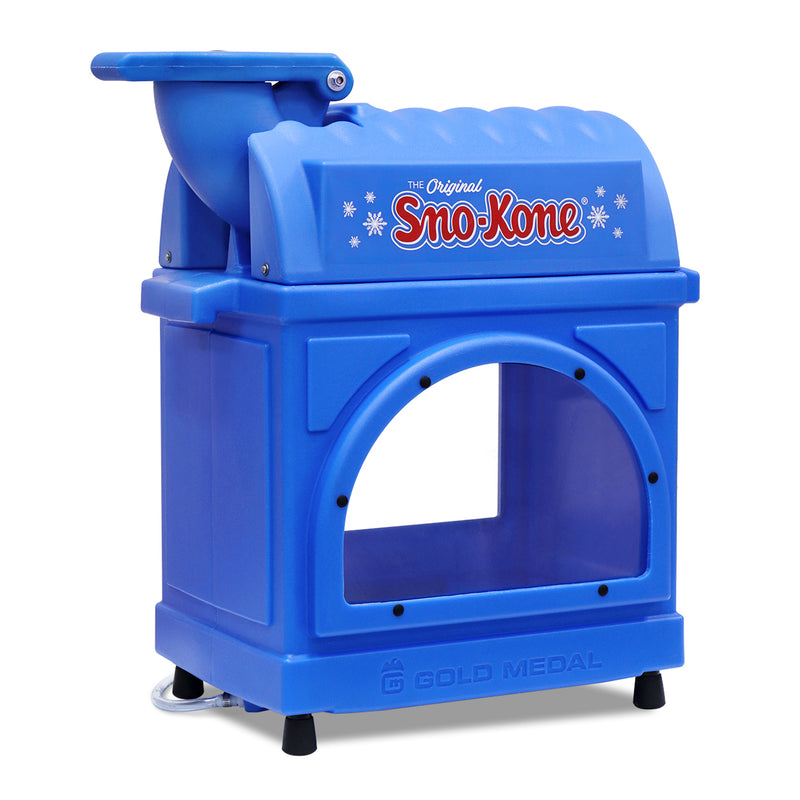 Sno-kone machine, dark blue with plexiglass windows, and rubber feet, front view