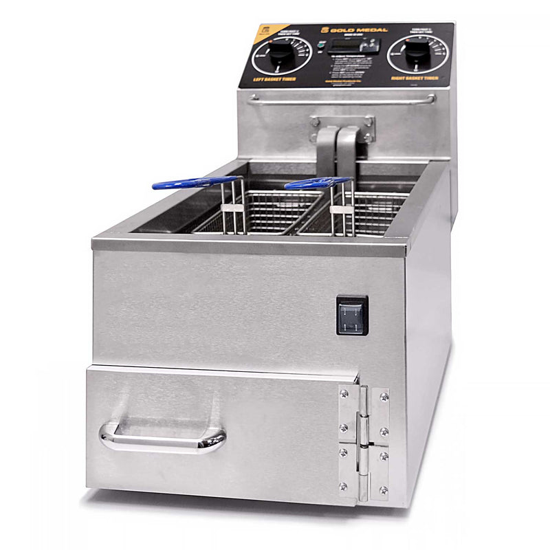 Front view of the stainless steel 8044 Small Basket fryer with two baskets with blue handles and a two independent control dials on the top of the fryer.