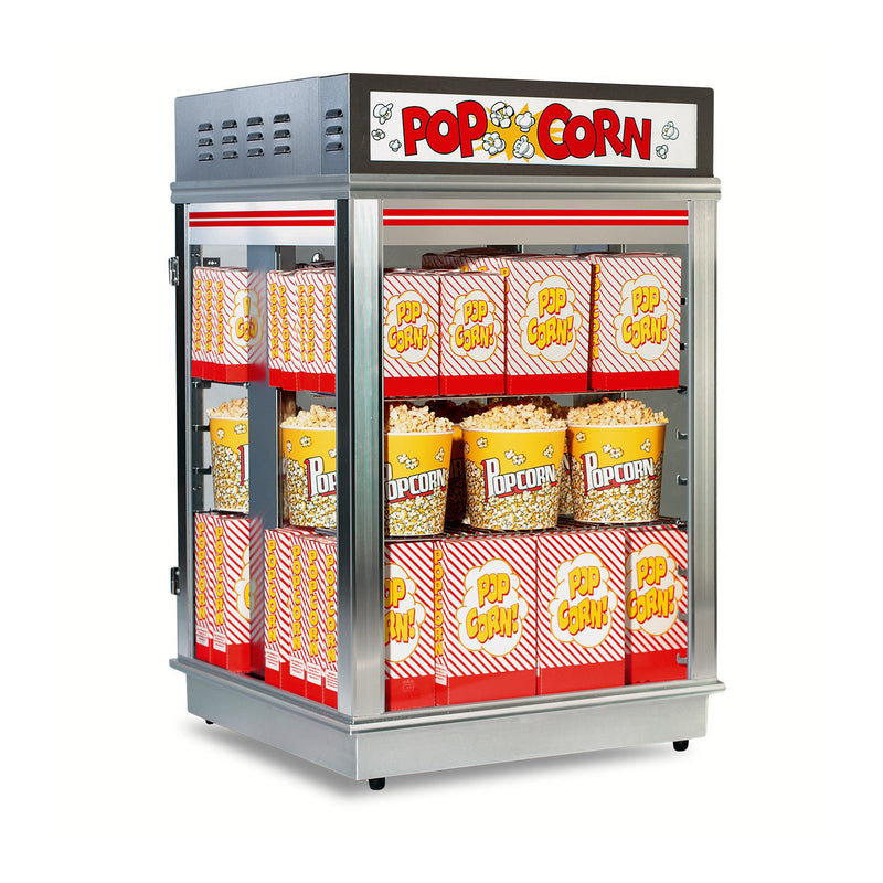 Conventional staging cabinet for popcorn with double sliding doors