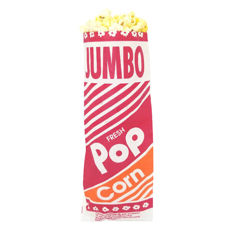 jumbo red, white, and yellow striped popcorn bag shown upright filled with popcorn