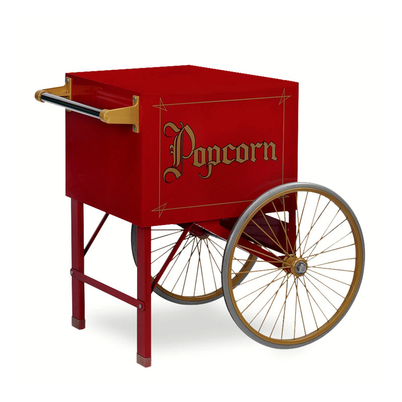 two-wheeled, red, old-fashioned popcorn cart