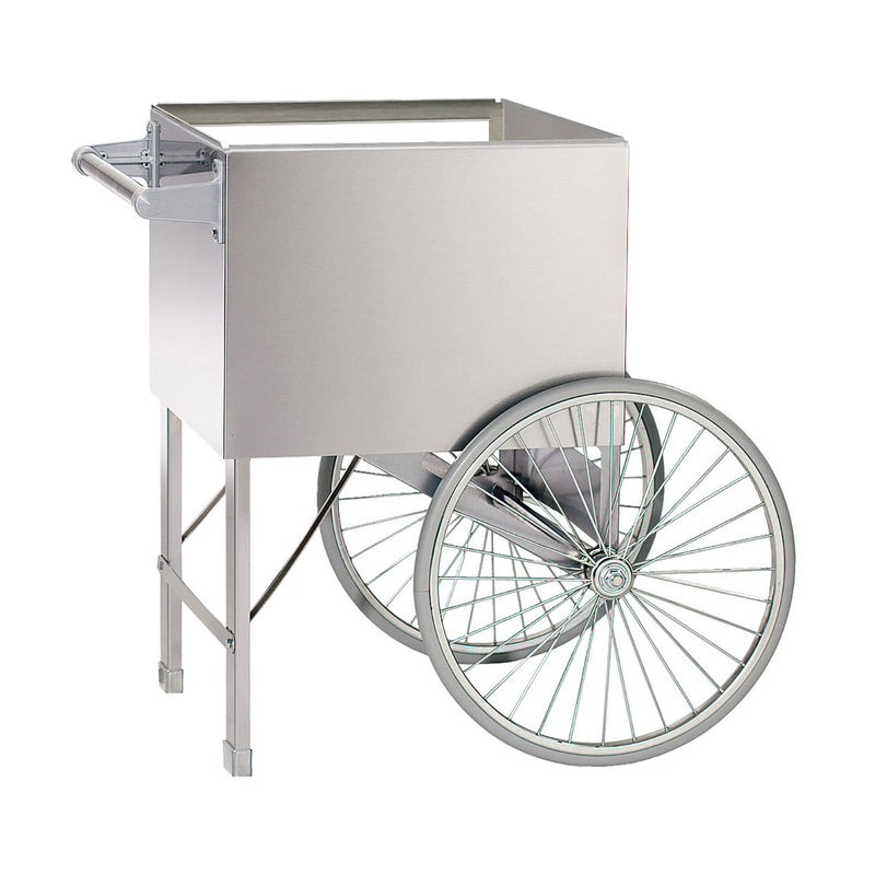 two-wheeled, stainless steel popcorn cart