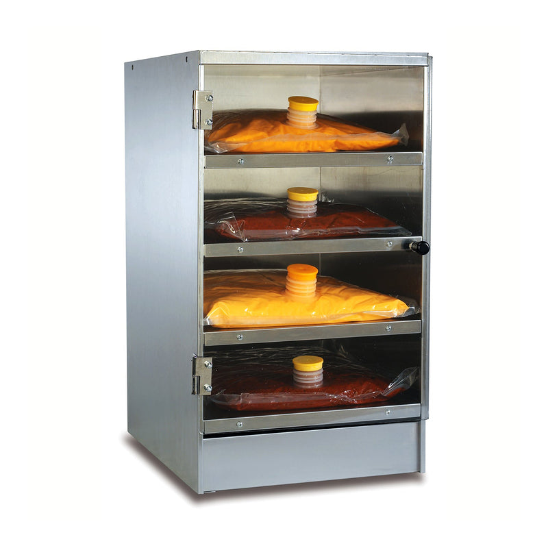 four-shelf pre-warmer with door for warming nacho cheese or chili bags 