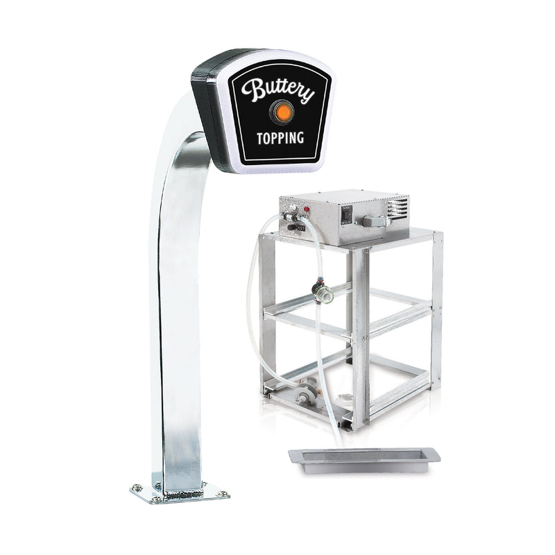 single-head popcorn topping dispenser with stainless cabinet and LED lighted dispenser designed for operator-side use