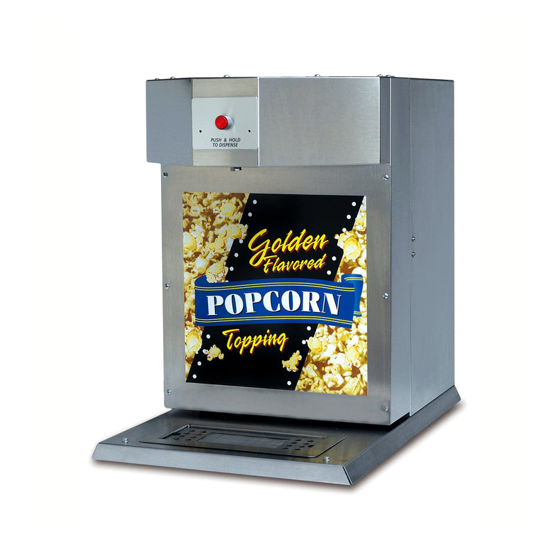 22-inch tall, high-capacity popcorn topping dispenser with sign