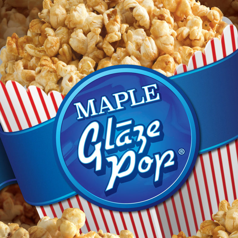 maple Glaze Pop popcorn in red and white striped box with blue label