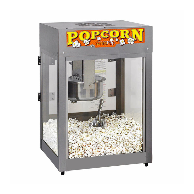 12-ounce popper with stainless steel cabinet and orange SunnyPop Popcorn sign
