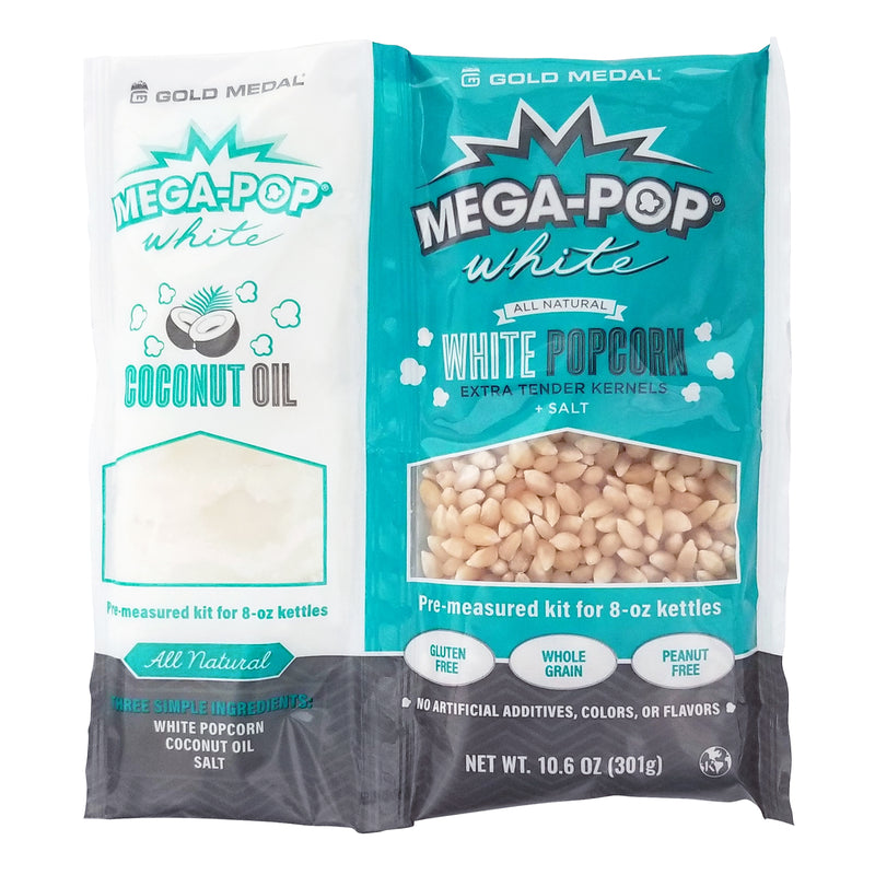 turquoise pouch containing white popcorn kernels, coconut oil, and salt for 8-ounce kettles