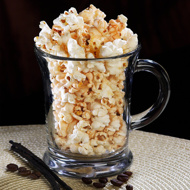 image of vanilla latte popcorn displayed inside decorative glass mug