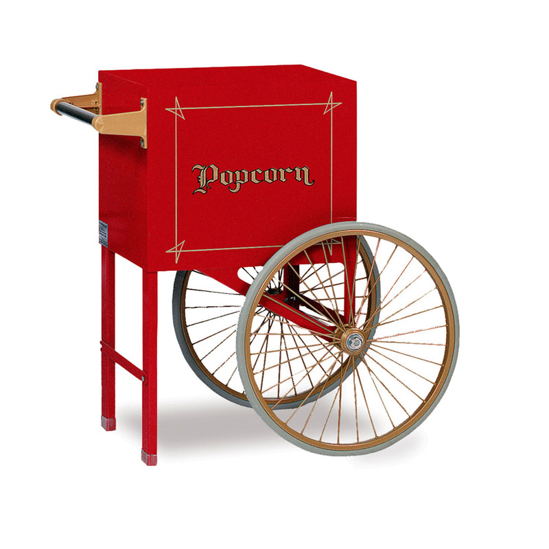 old-fashioned red and gold two-wheeled popcorn cart for 6 or 8-ounce poppers, with door