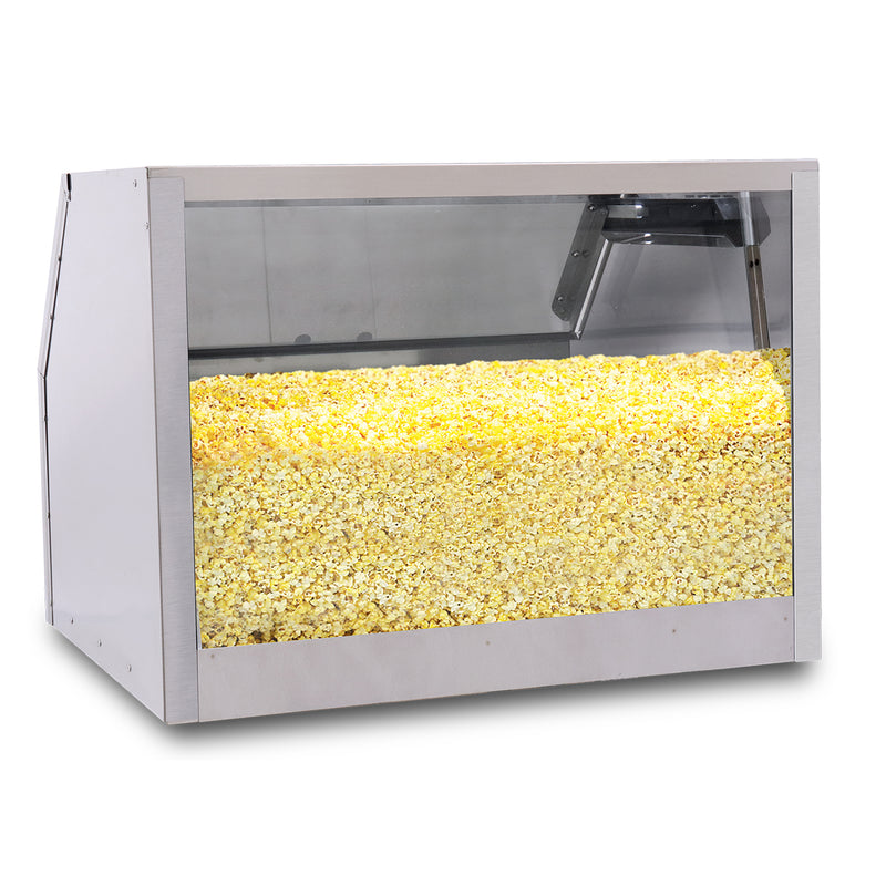 popcorn displayed in 30-inch popcorn staging cabinet with large window and LED lighting
