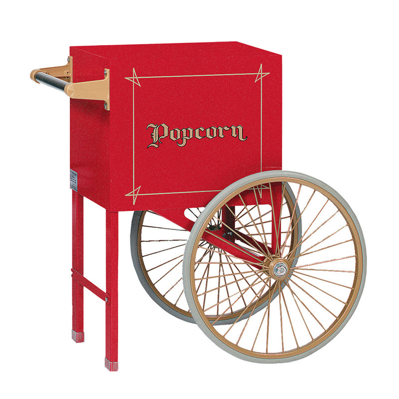 old-fashioned red and gold two-wheeled popcorn cart for holding 8-ounce popper