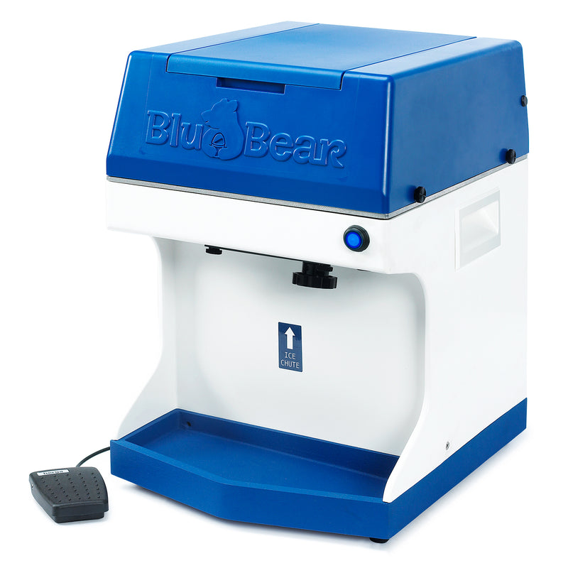 blue and white ice shaver with foot pedal