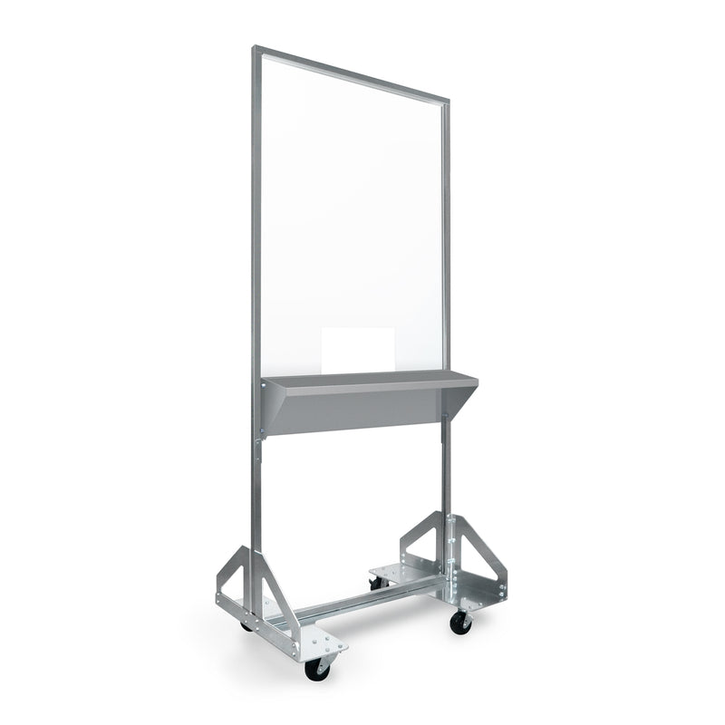 32-inch wide by 76-inch tall clear polycarbonate panel on 4-wheeled aluminum base with shelf