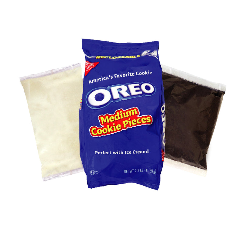 blue bag of Oreo Cookie pieces, clear bag of white crème, and clear bag of Oreo base cake