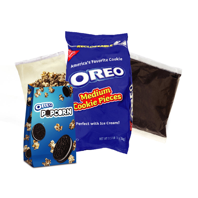 blue bag of Oreo Cookie pieces, clear bag of white crème, clear bag of Oreo base cake, and blue Oreo Popcorn bags