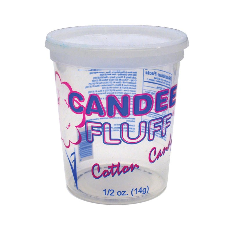 empty clear plastic Candee Fluff container with lid