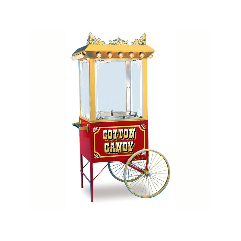 cotton candy machine on red and gold old-fashioned two-wheeled cart with Cotton Candy in gold text