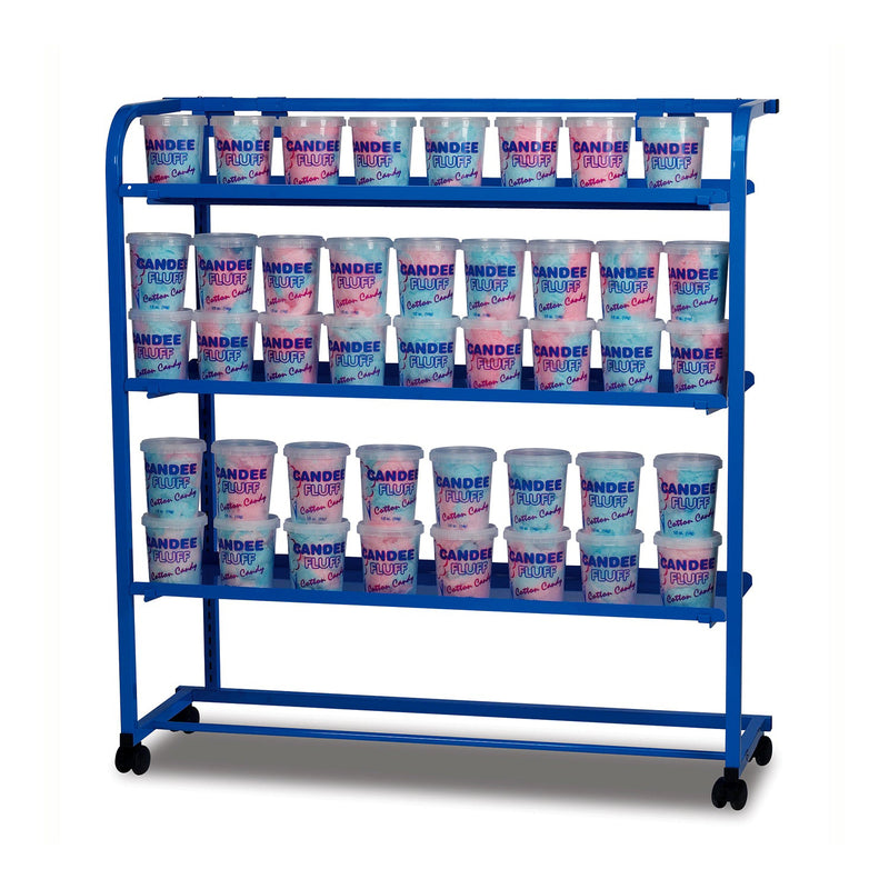 blue metal mobile display rack with three adjustable shelves and four casters, shown with packaged cotton candy on display
