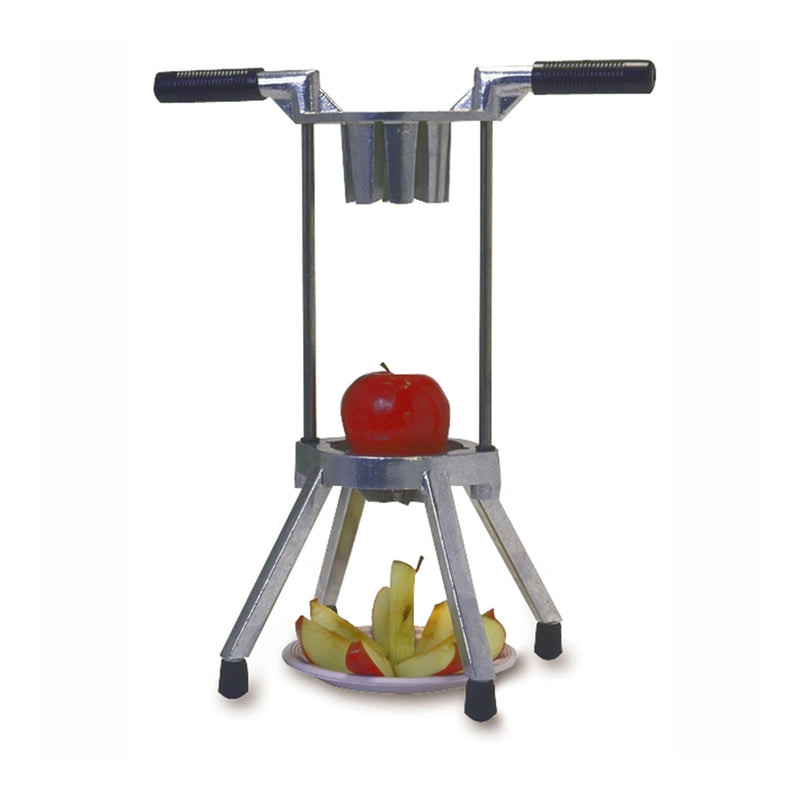 Metal platform with blades with plunger above and 4 legs attached below. Plunger has two black handles. Red apple sits on platform and plate of sliced apples below platform. 