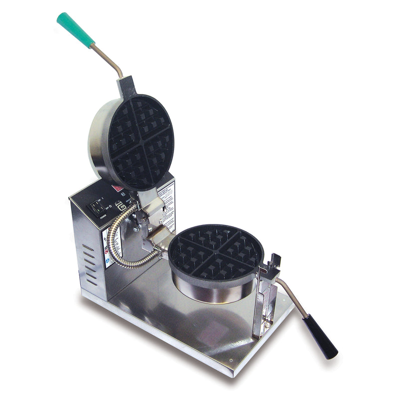 Two, black non-stick, round belgian waffle deep square grids, opened, with a black handle on bottom grid and green handle on top grid. Baker is mounted on silver base with digital control panel behind the grids. 