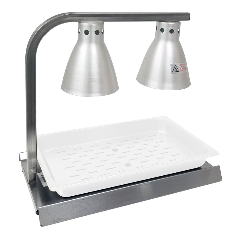 Food warmer with bent bar affixed to stainless steel base. The bent bar holds two warming lamps. Warming pan with slotted tray inserted is sitting underneath warming lamps.