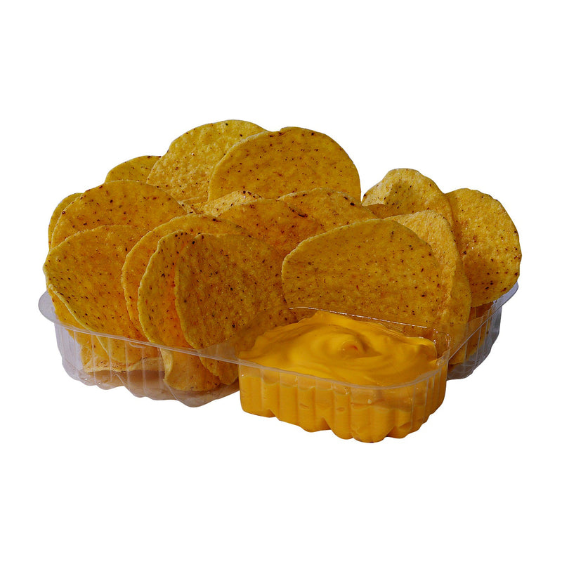 Clear plastic tray with two compartments, one holding cheese and the other holding nacho chips.