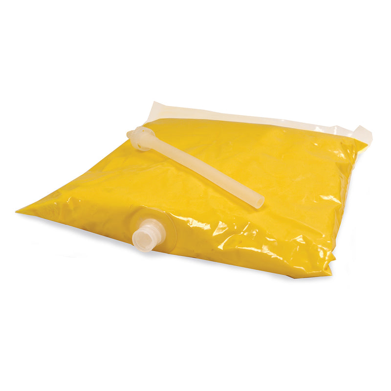 Clear bag of mild cheddar cheese sauce with connector tube sitting on top.