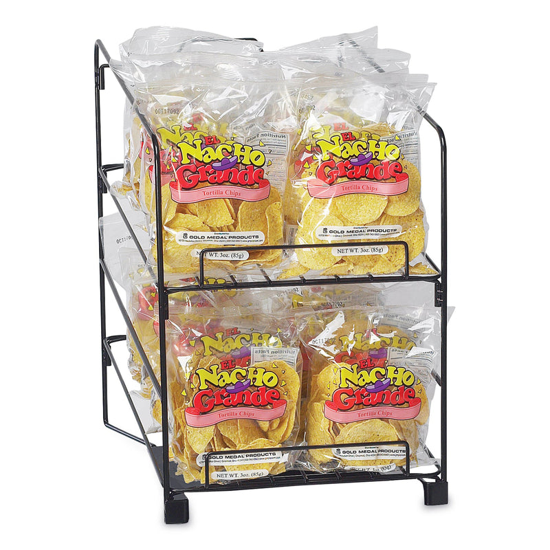 Front view of black chip wire rack with two shelves and affixes to the top of the nacho cheese cup warmer. Shelves are filled with bags of nacho chips.