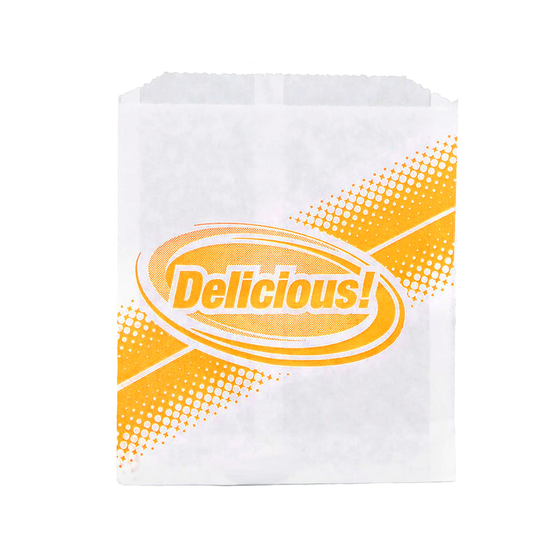 White wax sandwich bag with the word delicious printed on it in yellow.