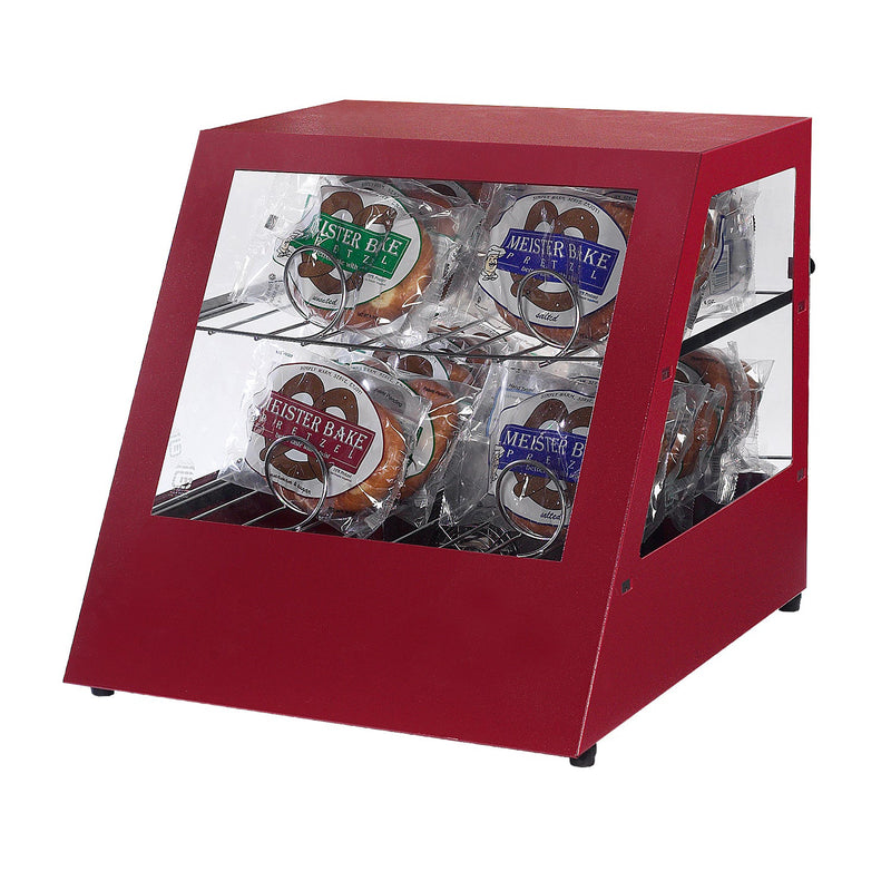 Slanted red pretzel display case with plexi-glass windows on each side showing product. Two wire racks with spiral wire product holders are inside holding Meister Bake Pre-packages pretzels.