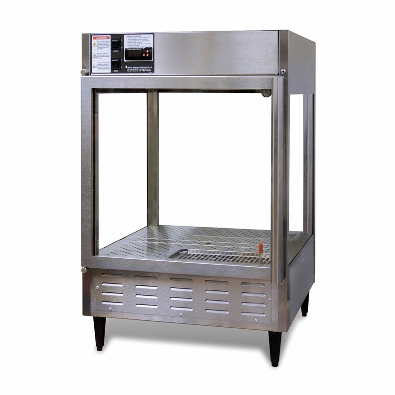 Humidified cabinet with metal corner posts and plexi-glass sides. Control panel on dome, slotted tray sits in the bottom, and the machine stands on four black legs.