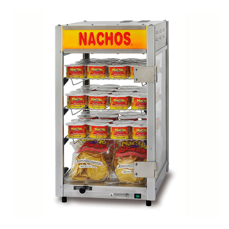 Warming cabinet with four metal corner posts and plexi-glass sides. 3 wire shelves with nacho cheese cups on them. Bags of nacho chips on in the bottom of machine, double swing front doors and Nachos signage on dome.