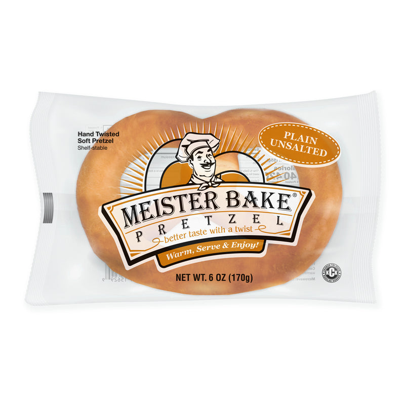Pretzel inside of sealed clear package with Meister Bake Pretzel yellow, white and black logo on the front of package with the following wording on the package: hand twisted soft pretzel, shelf stable, plain, unsalted.