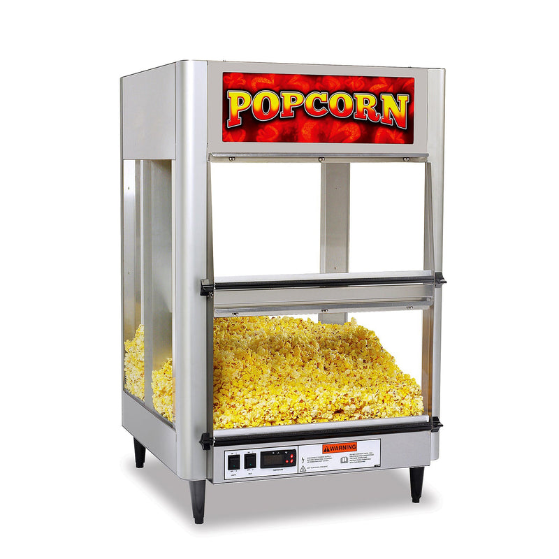 Warming cabinet with four rounded metal corner posts and plexi-glass sides. Pile of popcorn in warmer with opening to scoop it out at the front of machine. Yellow and red sign on the dome states Popcorn. Control panel is on the front lower left of machine, standing on 4 short legs.