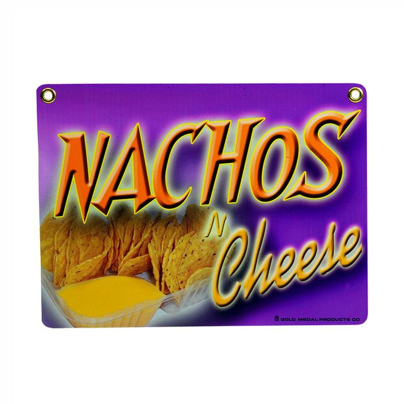 Sign with purple background, two compartment plastic tray of nachos and cheese and the words nachos and cheese in yellow letters.