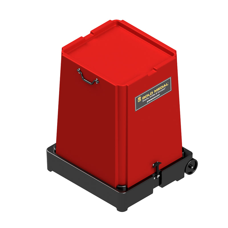 Heavy-duty red molded plastic, with two handles, and indent in top to securely hold a popper or cotton candy machine, affixed to a black base with latches. Black base has two wheels on one side for easy transportation.