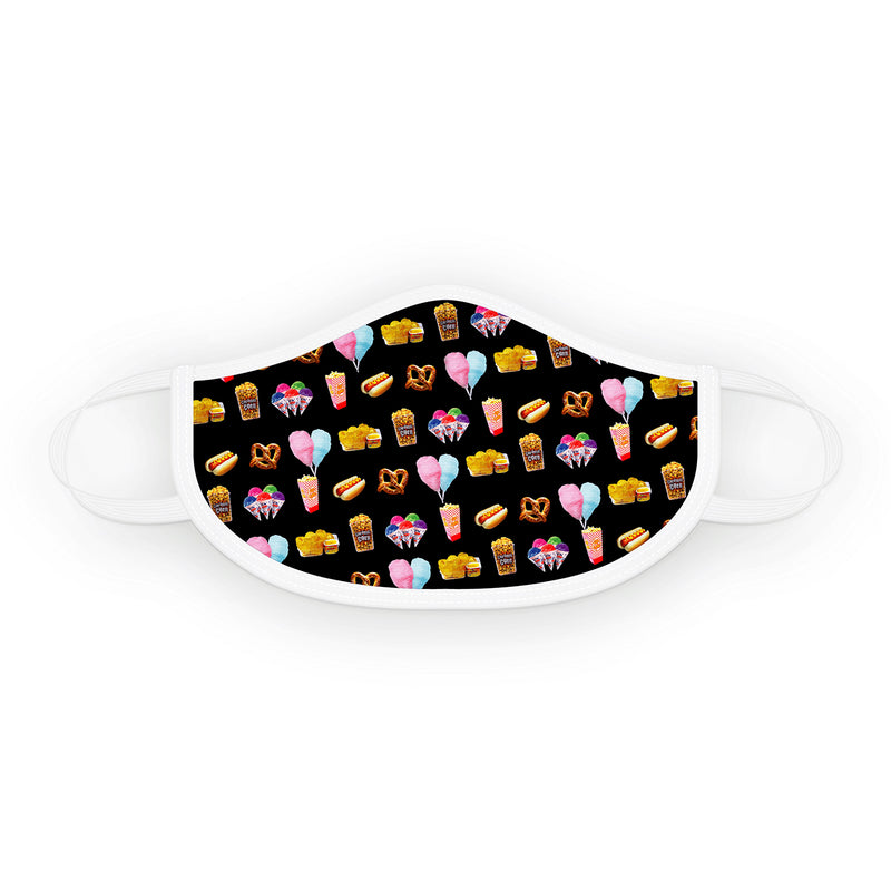 Cloth face mask with white trim and black face covering with images of cotton candy, pretzels, hot dogs, nacho and cheese, and popcorn.