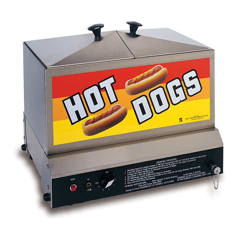 Enclosed stainless steel hot dog steamer with two doors opening from the top, yellow and red graphics with hot dogs  on the front, and the control dial and on-off switch on the bottom front side of the machine.