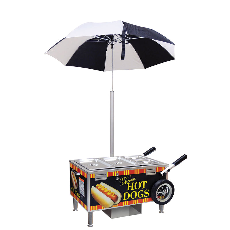 Sterno hot dog steamer with image of a hot dog on side. Four compartments with lids and black and white wide striped umbrella.