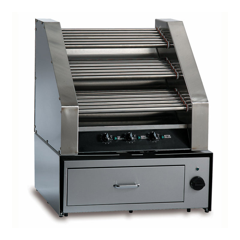 Three tier slanted hot dog roller grill, stainless steel rollers, sitting on top of bun cabinet warmer, drawer with handle and control on right side.