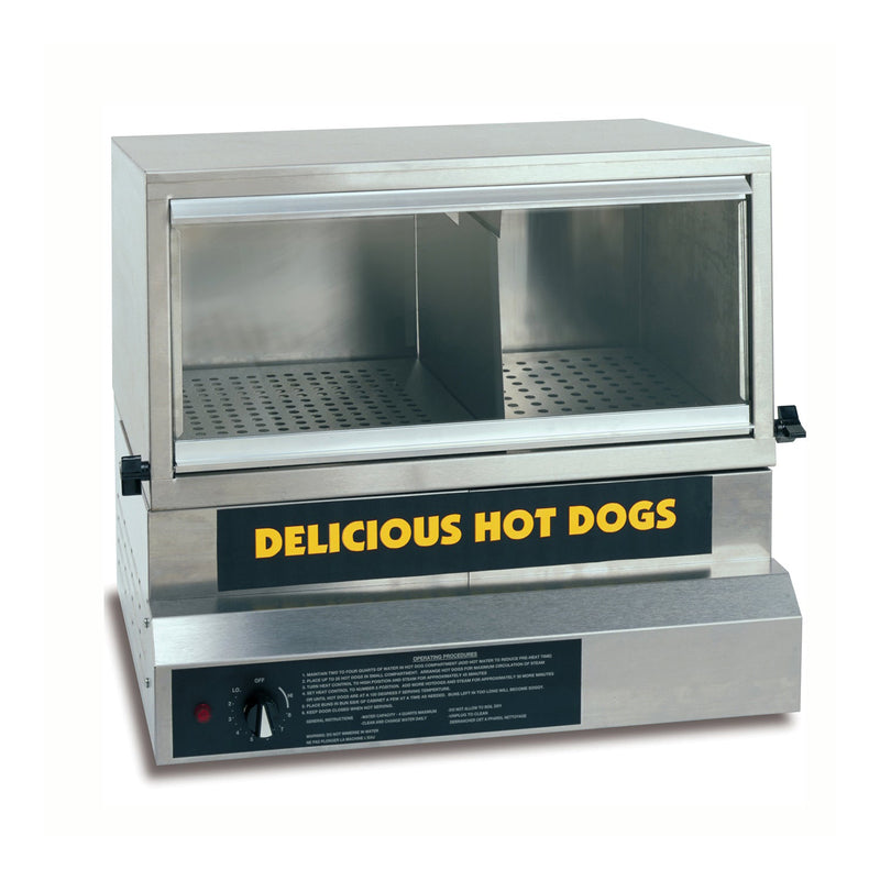 Large stainless steel hot dog steamer with glass front door that flips up. Inside is a divider and a flat insert on the bottom with holes. Has a black label with yellow lettering stating Delicious Hot Dogs.