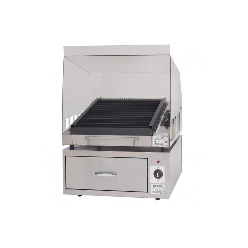 Clear sneeze guard set around a hot dog roller grill with non-stick black rollers, sitting on top of rectangle stainless steel bun warmer with drawer, silver handle and control panel on the front right side of the drawer.