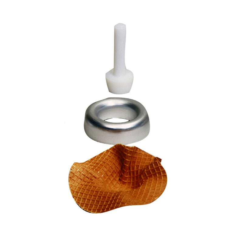 Small round waffle cone mold base with center cut out, white mold insert with white handle and rounded bottom above the base. Waffle cone formed into a bowl. 