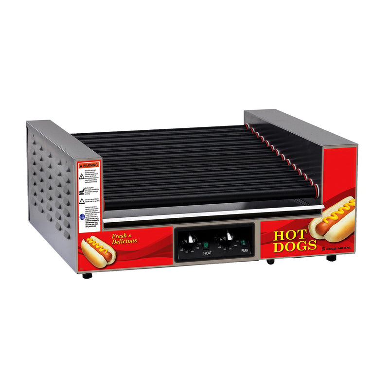 Slanted hot dog roller grill, 14 black non-stick rollers, control panel on the front side with graphics showing hot dogs with mustard on them.