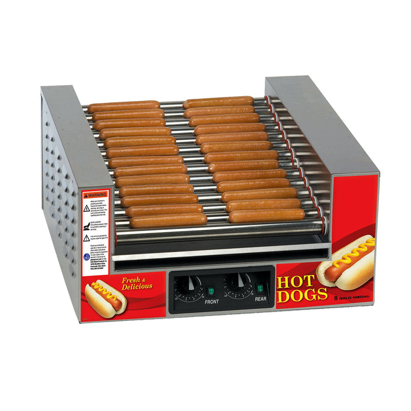Slanted hot dog roller grill, 14 stainless steel rollers, control panel on the front side with graphics showing hot dogs with mustard on them.