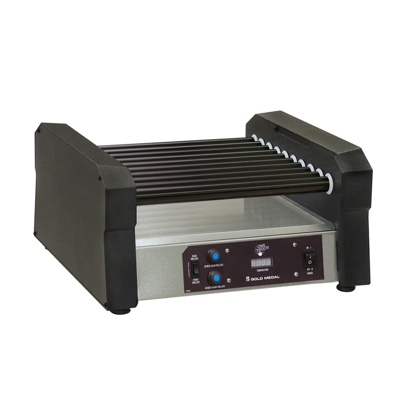 Hot dog roller grill with non-stick black roller bars, stainless steel bottom, black sides and control panel on the front of the machine.