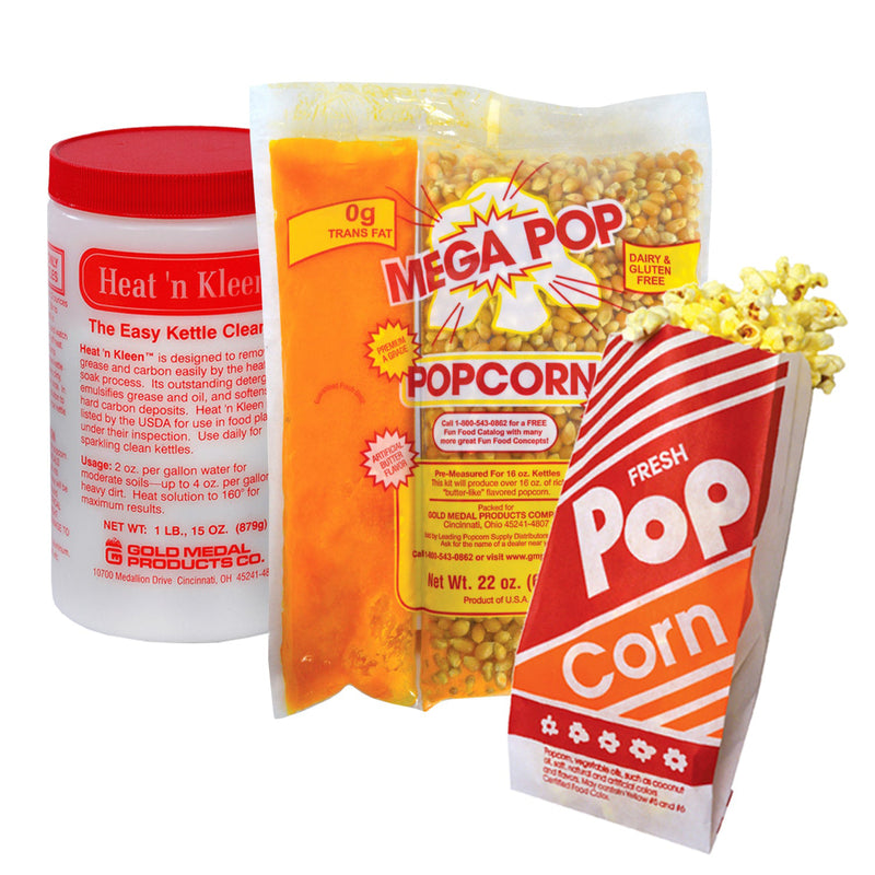 Container of heat and clean kettle cleaner, popcorn oil salt Mega Pop kits and red and white popcorn bags for sixteen ounce poppers.