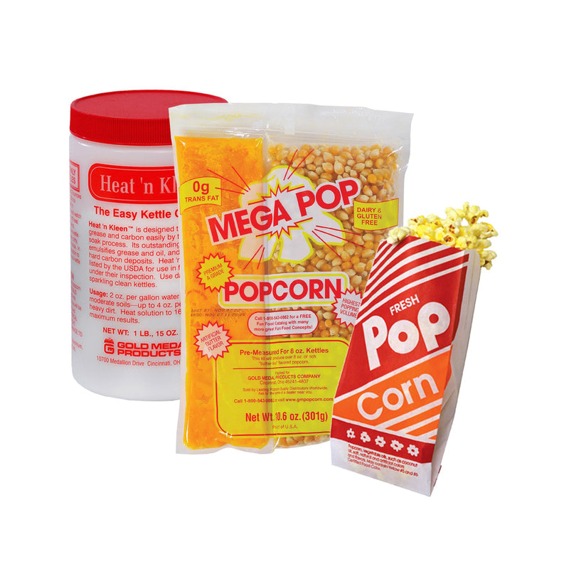 Container of heat and clean kettle cleaner, popcorn oil salt Mega Pop kits and red and white popcorn bags for eight ounce poppers.