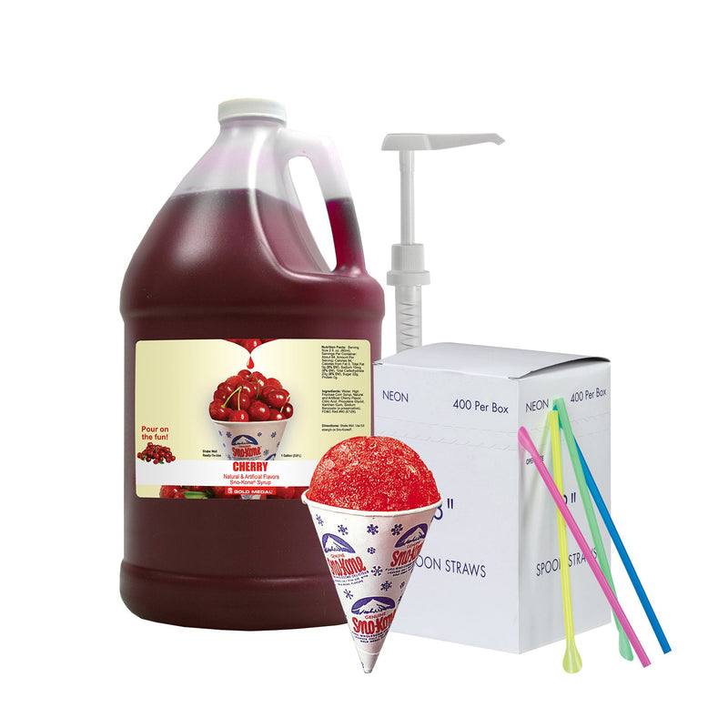 Gallon jug of cherry snow cone syrup, bottle pump, multi-color spoon straws and a snow cone cup.